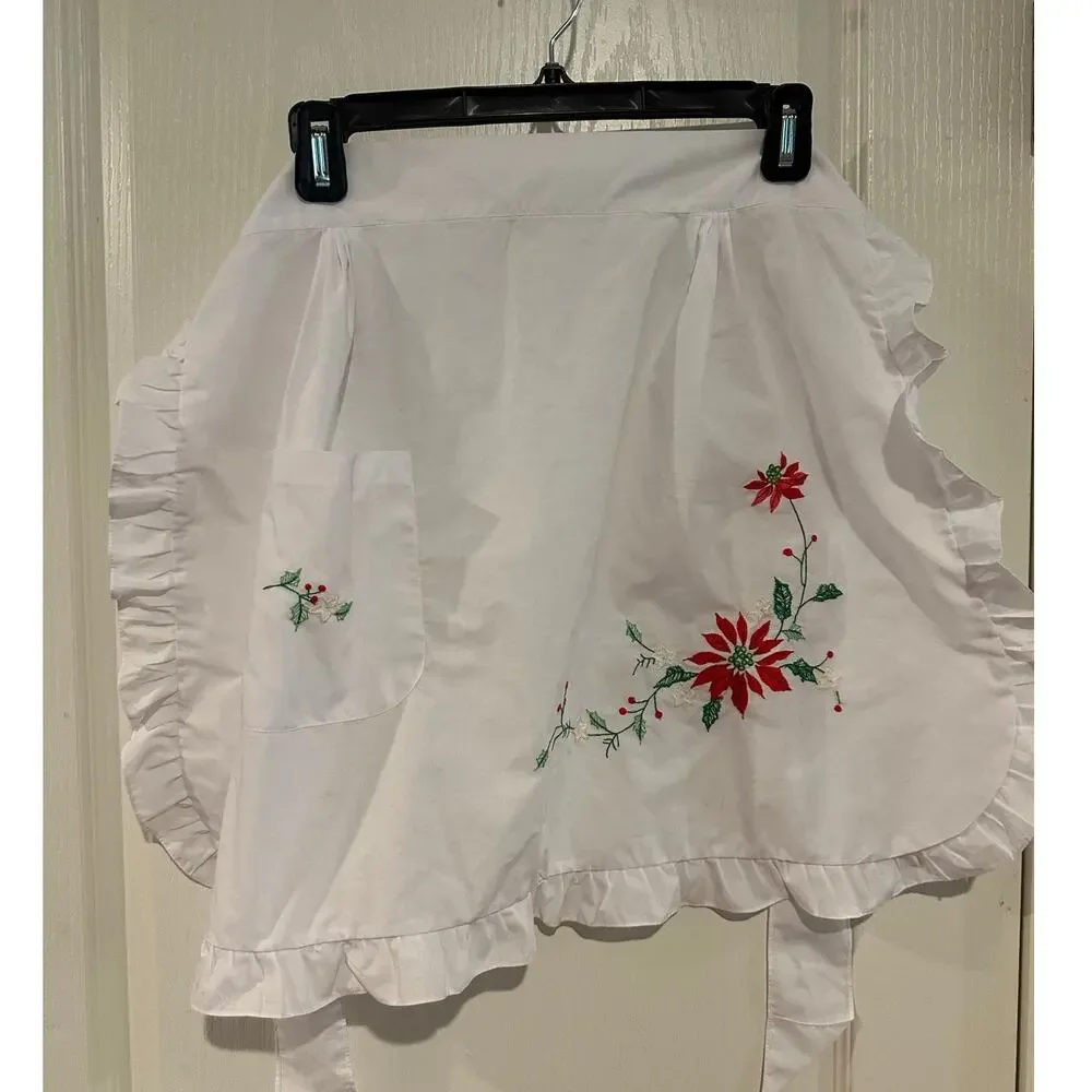 Vintage Christmas Holiday Embroidered Poinsettia Apron white